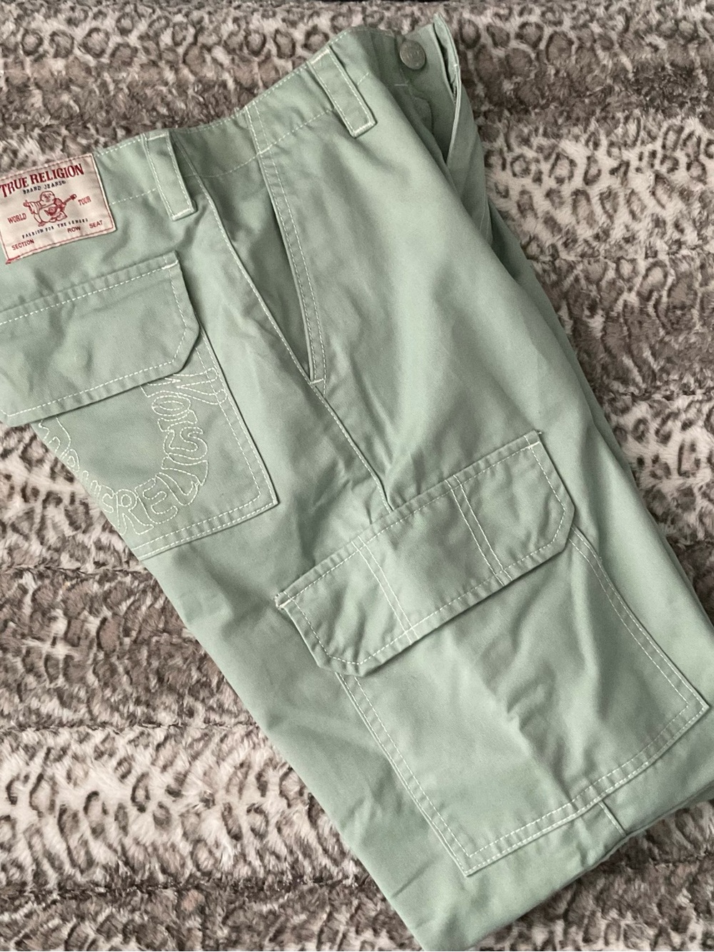 True Religion Light Mint Green Cargo Shorts with Logo Stitching